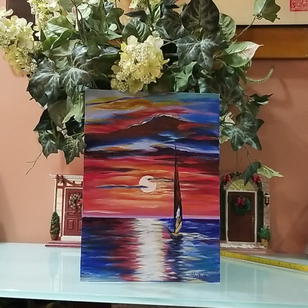 Wall Art Original Acryl painting "Boat at sunrise"